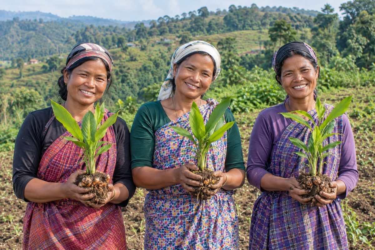 Women farmers sorting freshly harvested spices