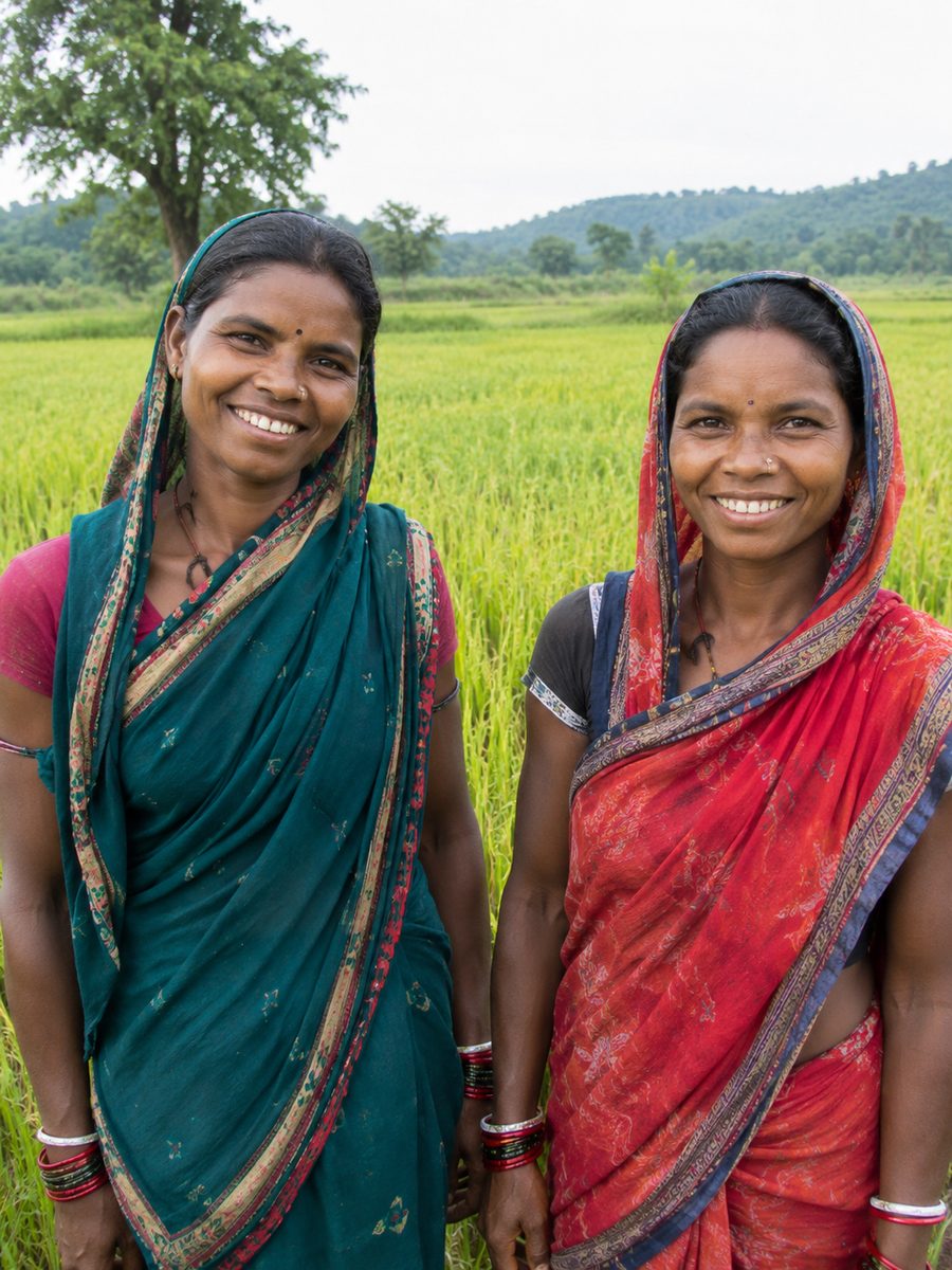 Smiling tribal women farmers standing in a green rice field
